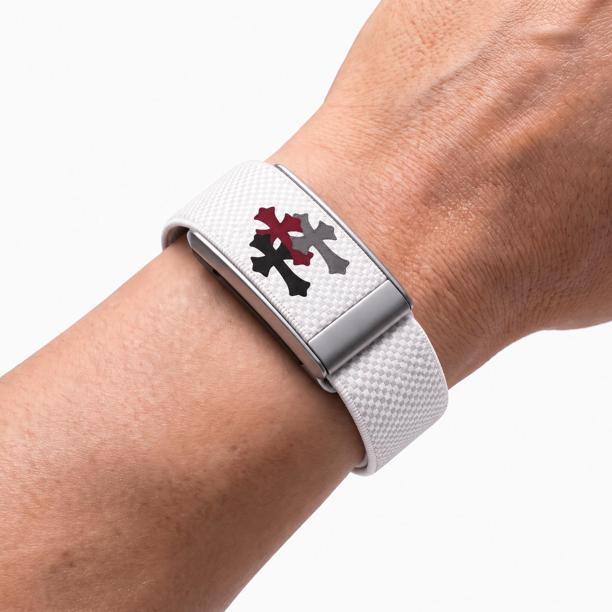 Cross Print Band White — worn on wrist
