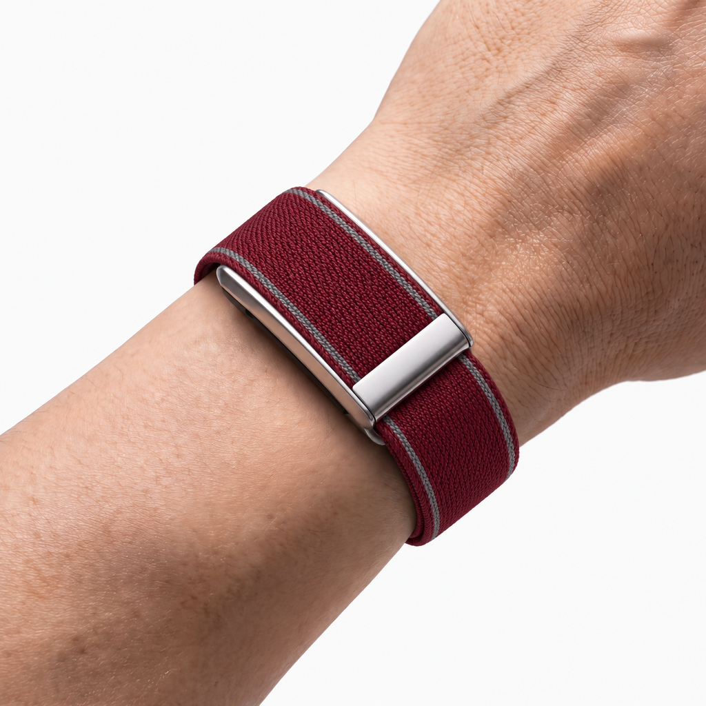 EdgeStitch Band Burgundy Silver — worn on wrist
