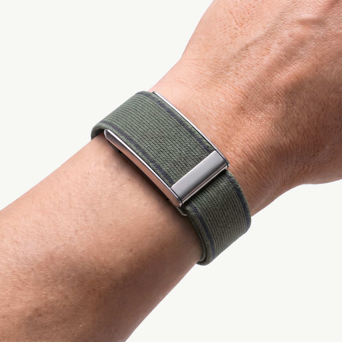 EdgeStitch Band Pine Silver — worn on wrist