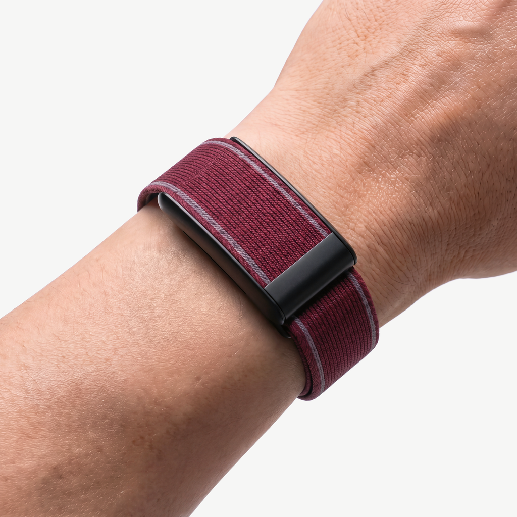 EdgeStitch Band Burgundy Noir — worn on wrist