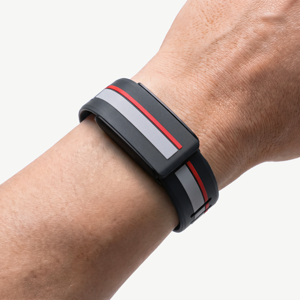 RaceStripe Band Crimson Noir — worn on wrist