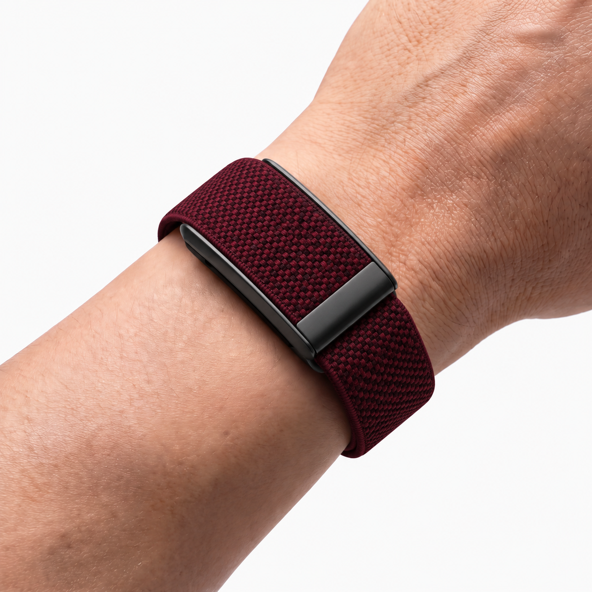 KnitLoop Band Merlot — worn on wrist
