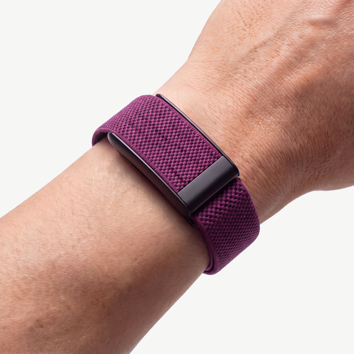 KnitLoop Band Plum — worn on wrist
