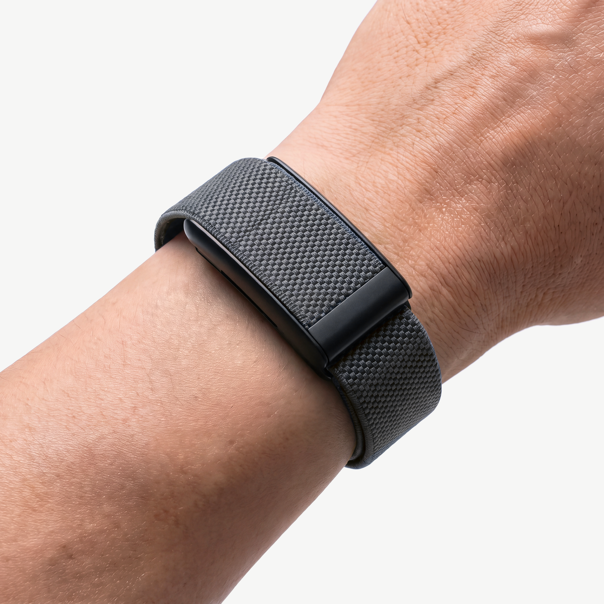 KnitLoop Band Slate — worn on wrist