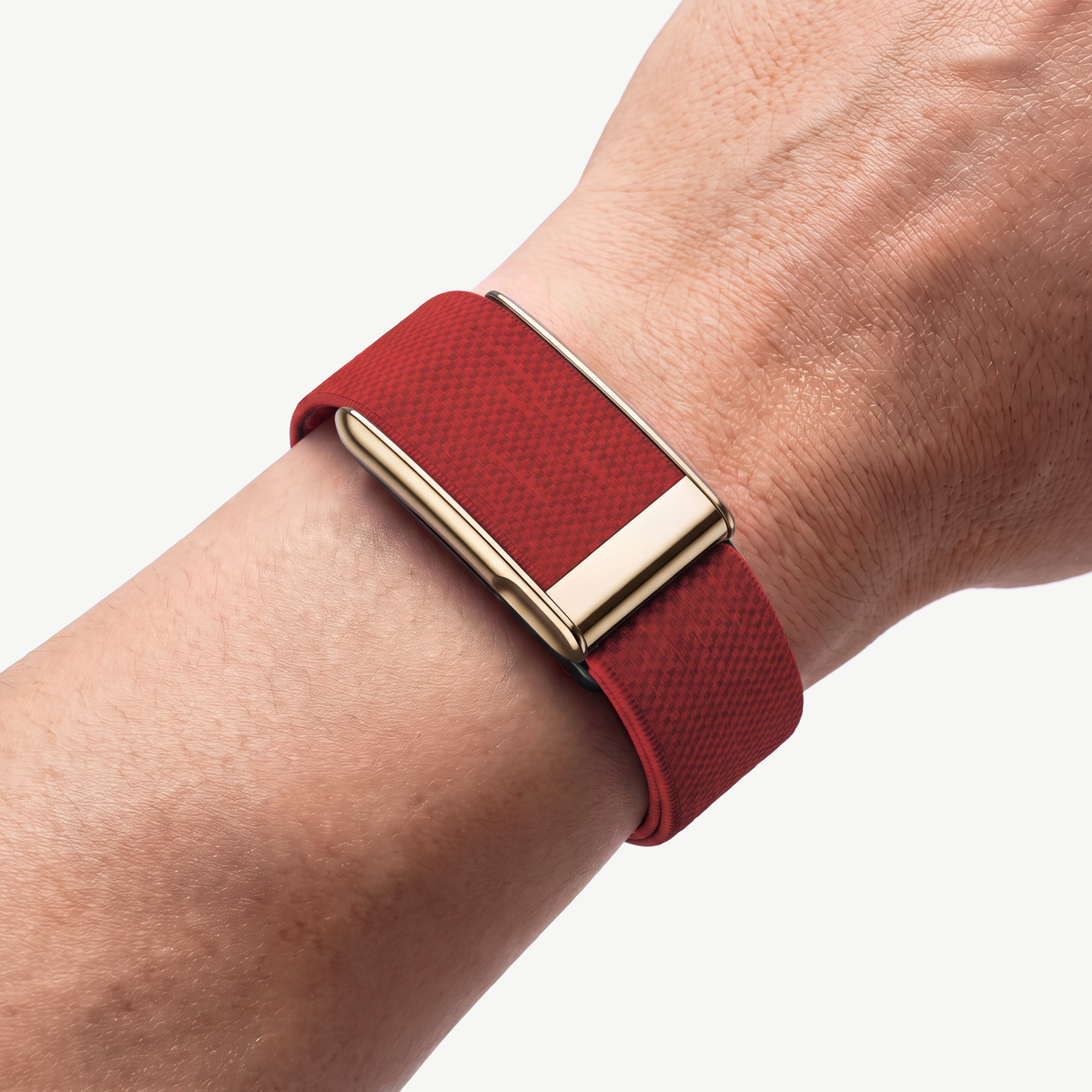 KnitLoop Band Red — worn on wrist