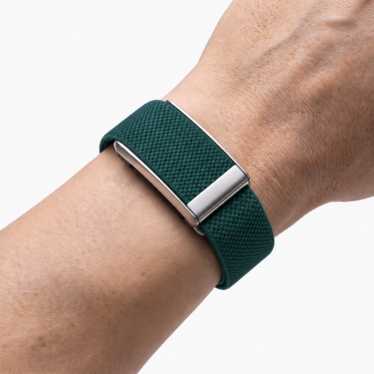 KnitLoop Band Pine Silver — worn on wrist