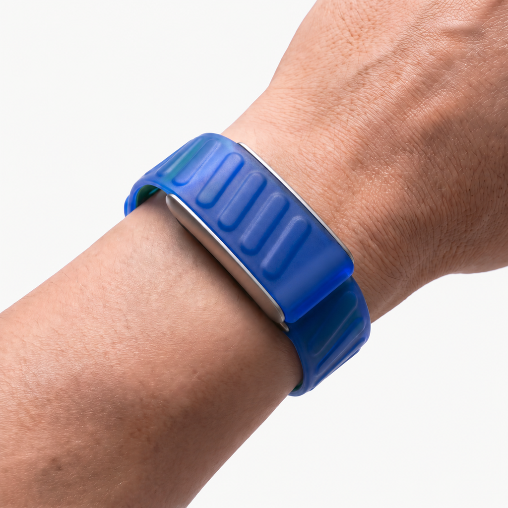 JellyRib Band Blue Silver — worn on wrist