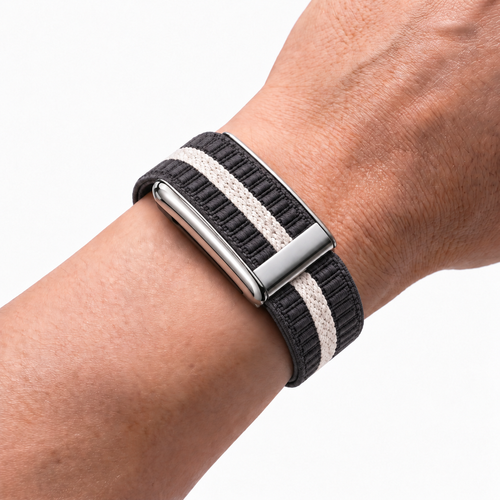 StripeLoop Band Pewter Silver — worn on wrist