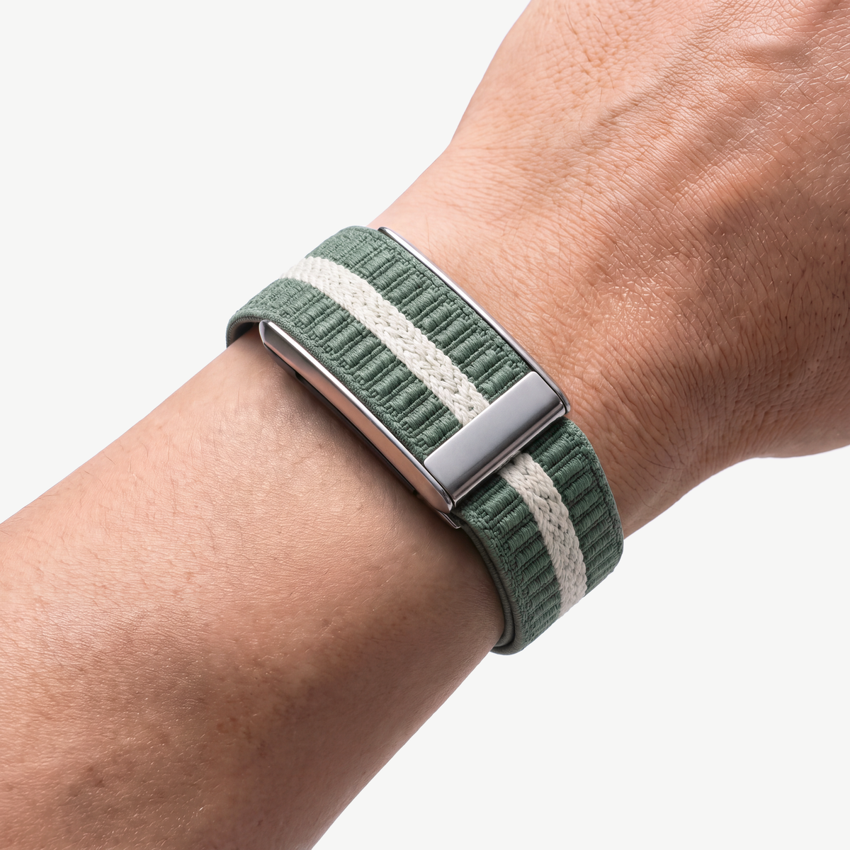 StripeLoop Band Field Silver — worn on wrist
