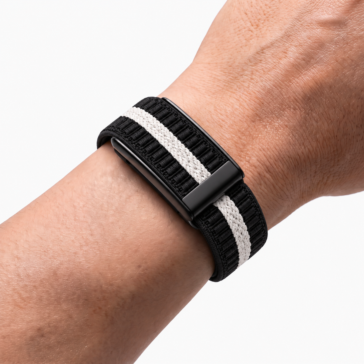 StripeLoop Band Tuxedo Noir — worn on wrist